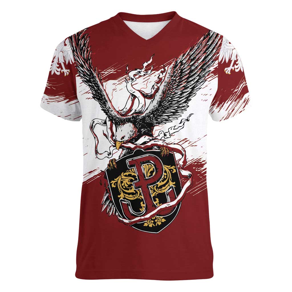 Poland Personalized Grunge Eagle Women V-Neck T-Shirt Polska Walczaca