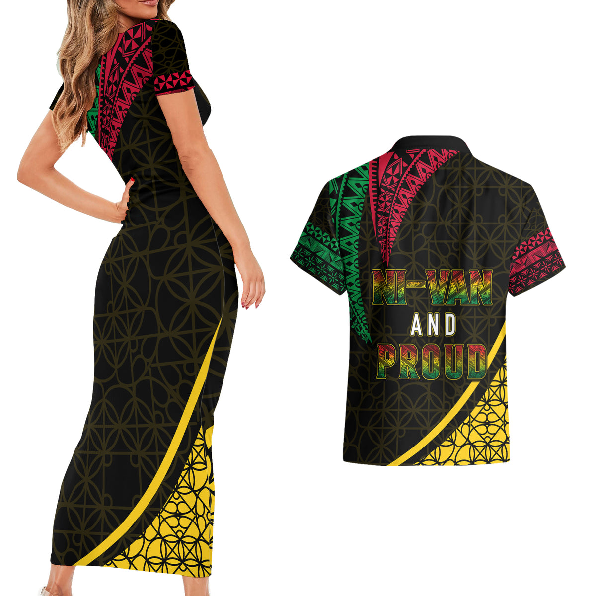 Personalised Vanuatu Couples Matching Short Sleeve Bodycon Dress and Hawaiian Shirt Melanesian Sand Drawing Mixed - Ni Van and Proud LT7 - Wonder Print Shop