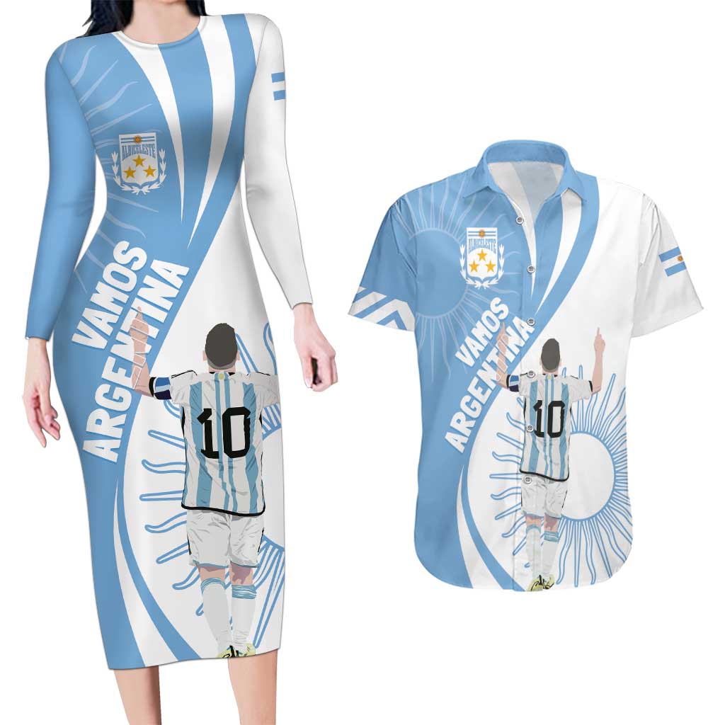 Argentina La Albiceleste Custom Couples Matching Long Sleeve Bodycon Dress and Hawaiian Shirt Vamos Argentina LT7 - Wonder Print Shop