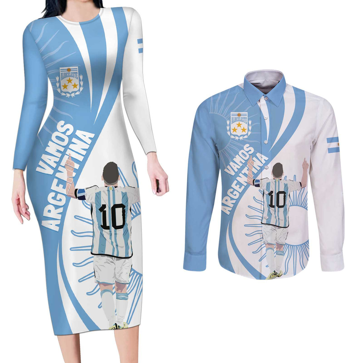 Argentina La Albiceleste Custom Couples Matching Long Sleeve Bodycon Dress and Long Sleeve Button Shirt Vamos Argentina LT7 - Wonder Print Shop
