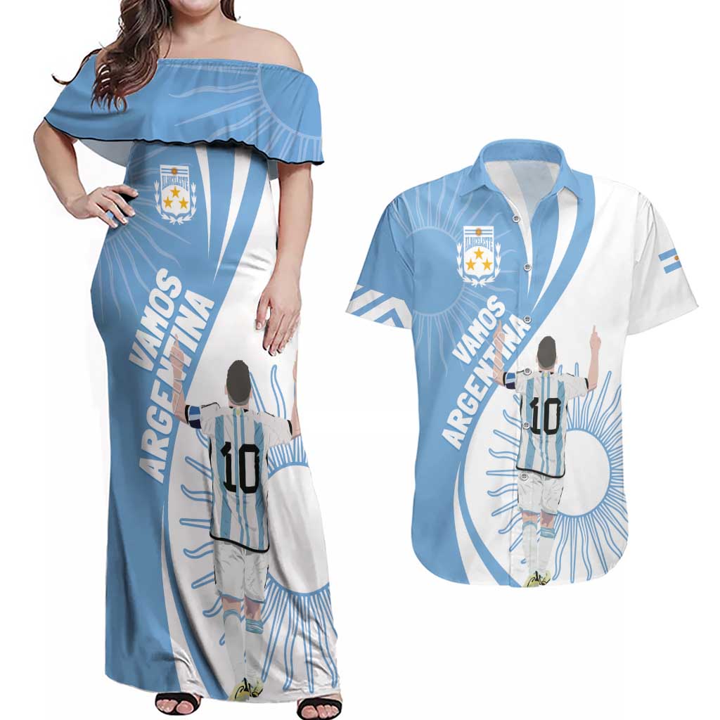 Argentina La Albiceleste Custom Couples Matching Off Shoulder Maxi Dress and Hawaiian Shirt Vamos Argentina LT7 - Wonder Print Shop