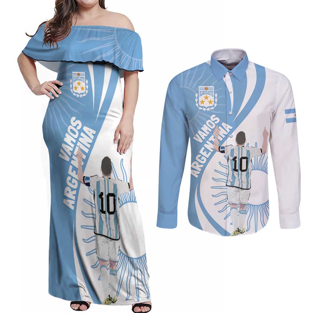Argentina La Albiceleste Custom Couples Matching Off Shoulder Maxi Dress and Long Sleeve Button Shirt Vamos Argentina LT7 - Wonder Print Shop