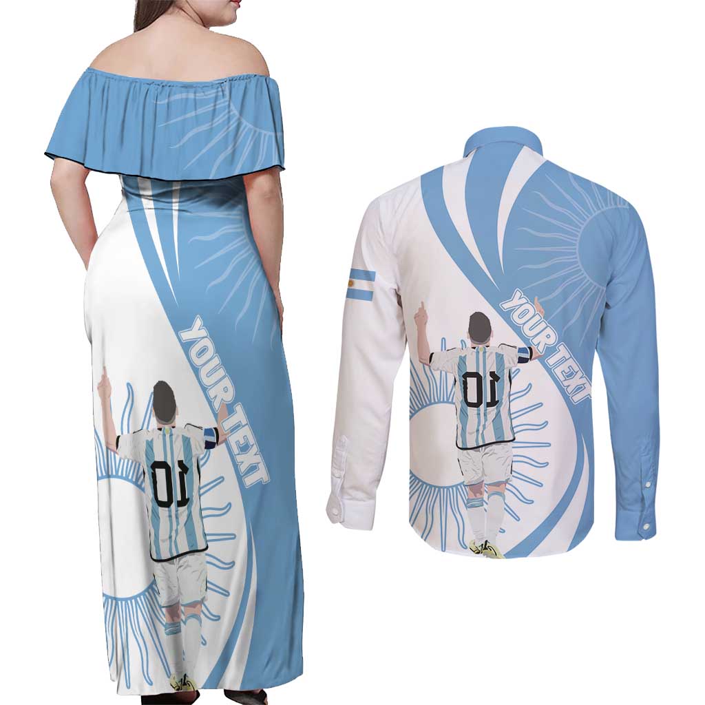 Argentina La Albiceleste Custom Couples Matching Off Shoulder Maxi Dress and Long Sleeve Button Shirt Vamos Argentina LT7 - Wonder Print Shop