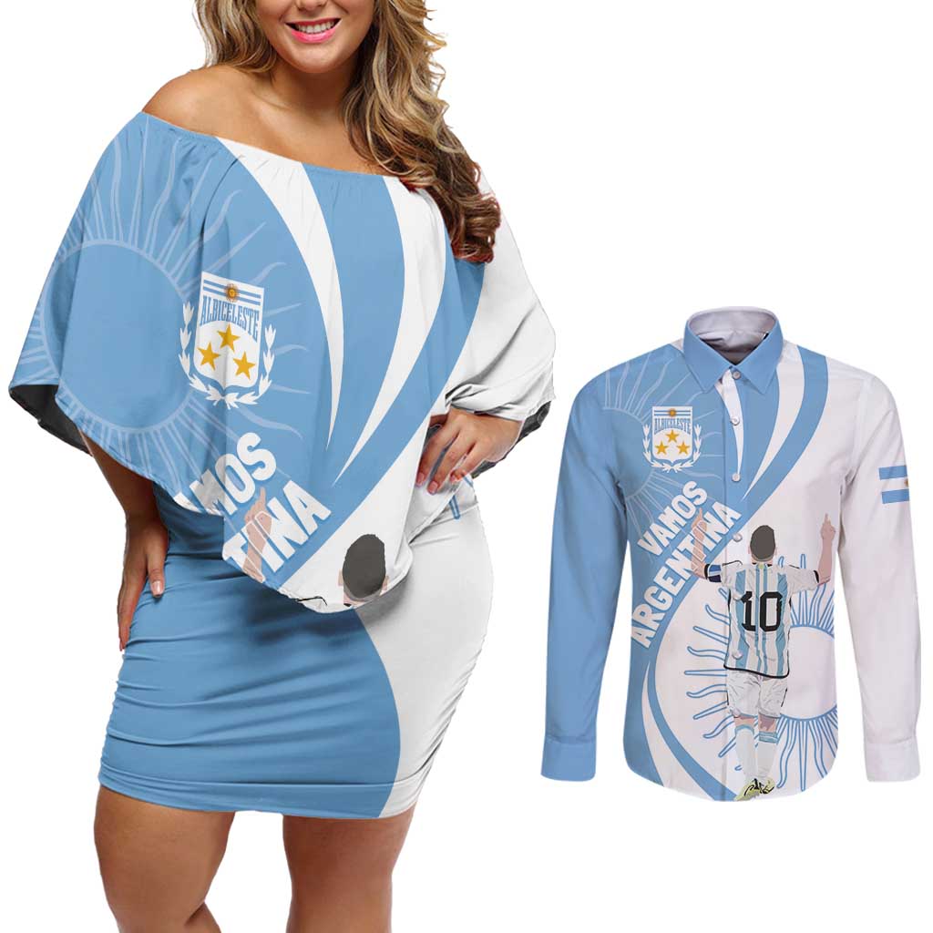 Argentina La Albiceleste Custom Couples Matching Off Shoulder Short Dress and Long Sleeve Button Shirt Vamos Argentina LT7 - Wonder Print Shop