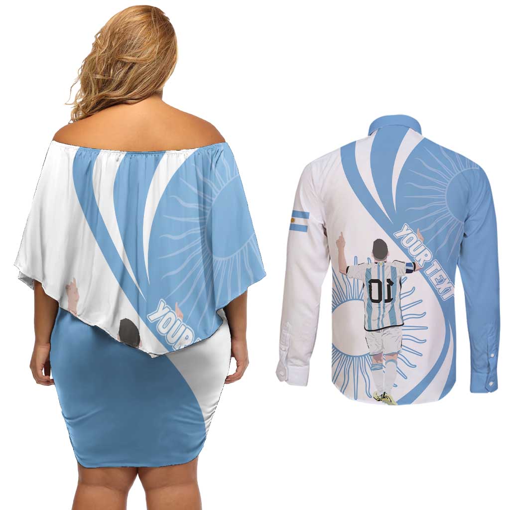Argentina La Albiceleste Custom Couples Matching Off Shoulder Short Dress and Long Sleeve Button Shirt Vamos Argentina LT7 - Wonder Print Shop