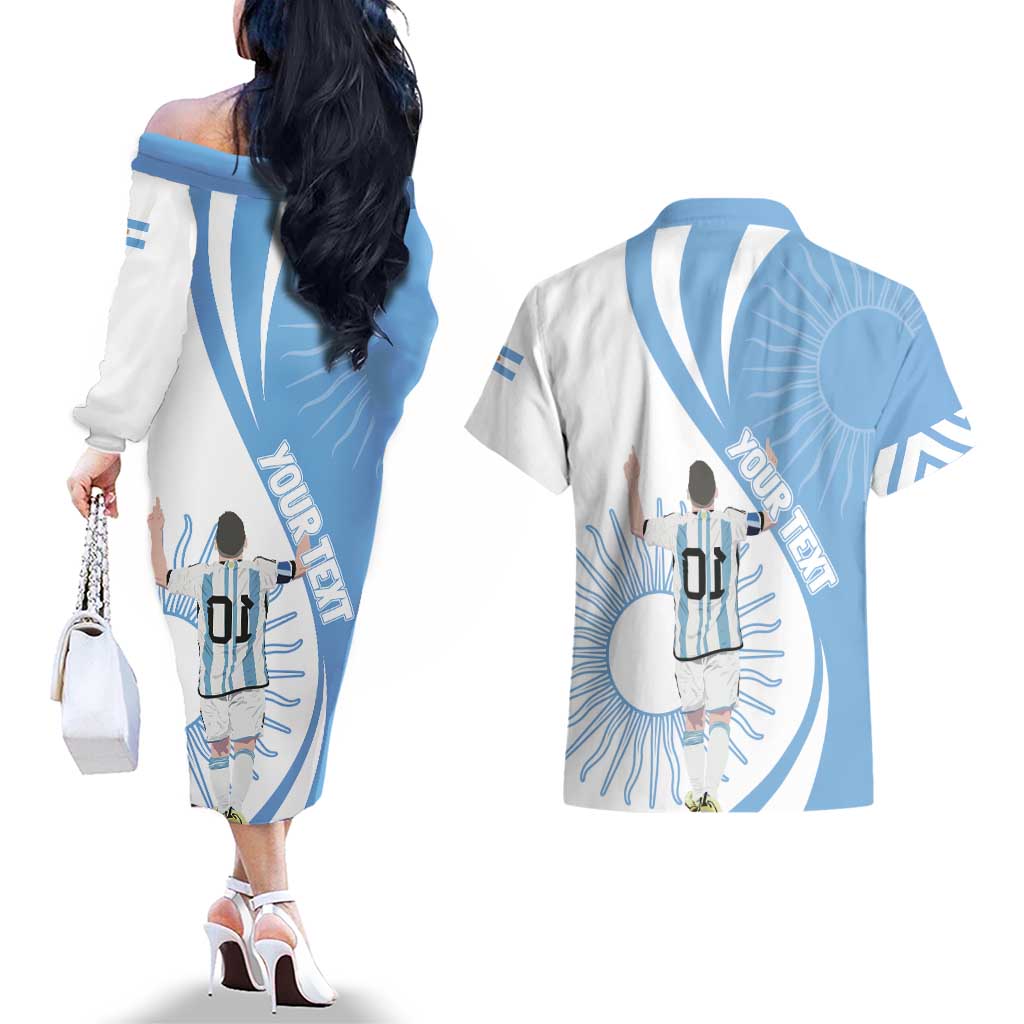 Argentina La Albiceleste Custom Couples Matching Off The Shoulder Long Sleeve Dress and Hawaiian Shirt Vamos Argentina LT7 - Wonder Print Shop