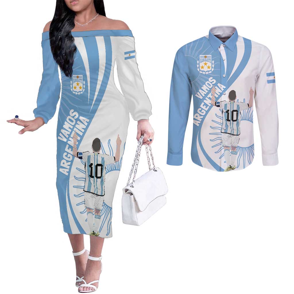 Argentina La Albiceleste Custom Couples Matching Off The Shoulder Long Sleeve Dress and Long Sleeve Button Shirt Vamos Argentina