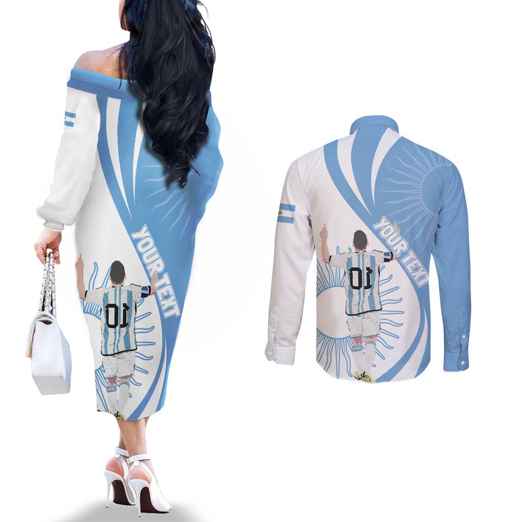Argentina La Albiceleste Custom Couples Matching Off The Shoulder Long Sleeve Dress and Long Sleeve Button Shirt Vamos Argentina