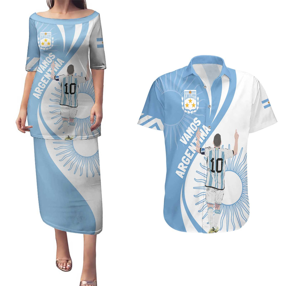 Argentina La Albiceleste Custom Couples Matching Puletasi and Hawaiian Shirt Vamos Argentina LT7 - Wonder Print Shop