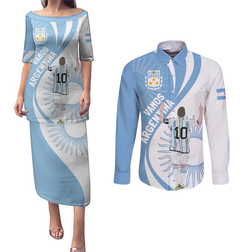 Argentina La Albiceleste Custom Couples Matching Puletasi and Long Sleeve Button Shirt Vamos Argentina LT7 - Wonder Print Shop