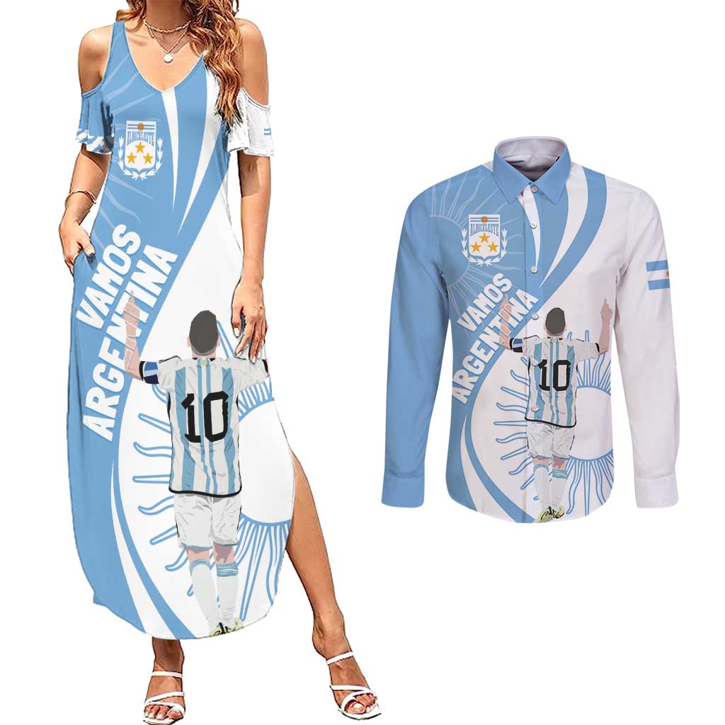 Argentina La Albiceleste Custom Couples Matching Summer Maxi Dress and Long Sleeve Button Shirt Vamos Argentina LT7 - Wonder Print Shop