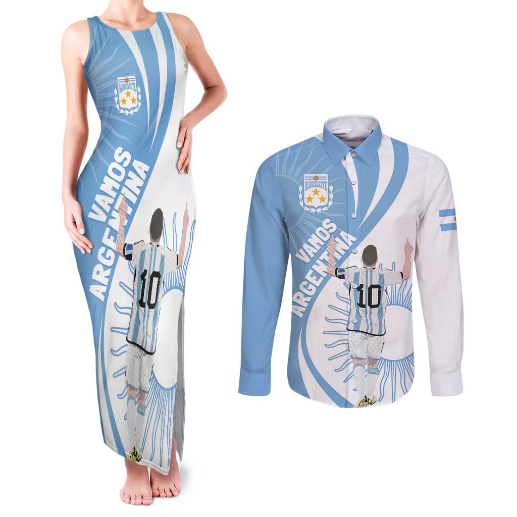 Argentina La Albiceleste Custom Couples Matching Tank Maxi Dress and Long Sleeve Button Shirt Vamos Argentina LT7 - Wonder Print Shop