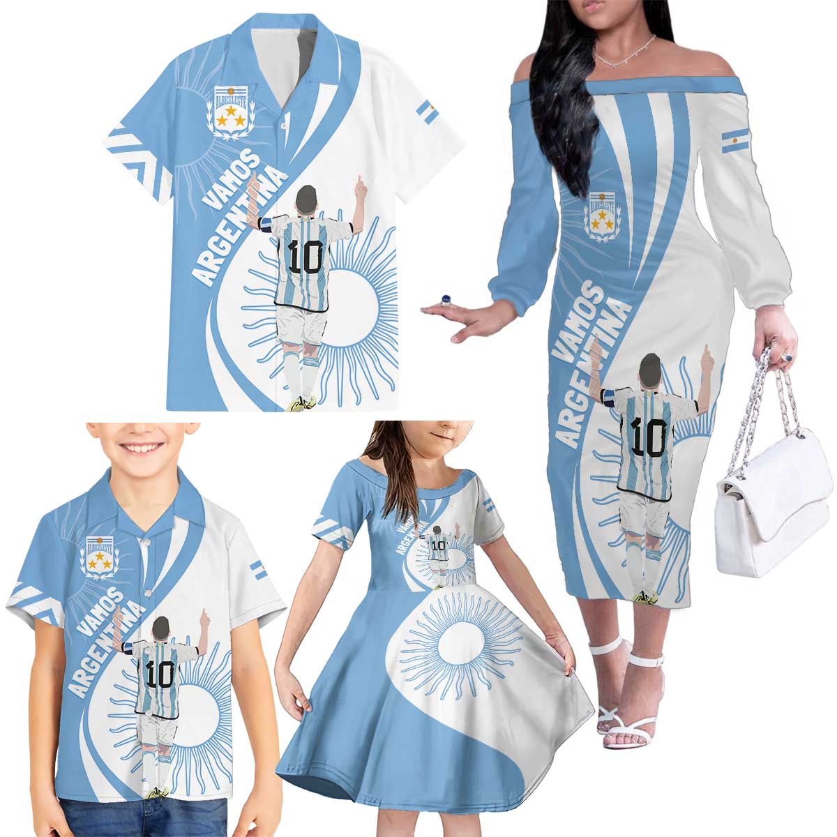 Argentina La Albiceleste Custom Family Matching Off The Shoulder Long Sleeve Dress and Hawaiian Shirt Vamos Argentina - Wonder Print Shop