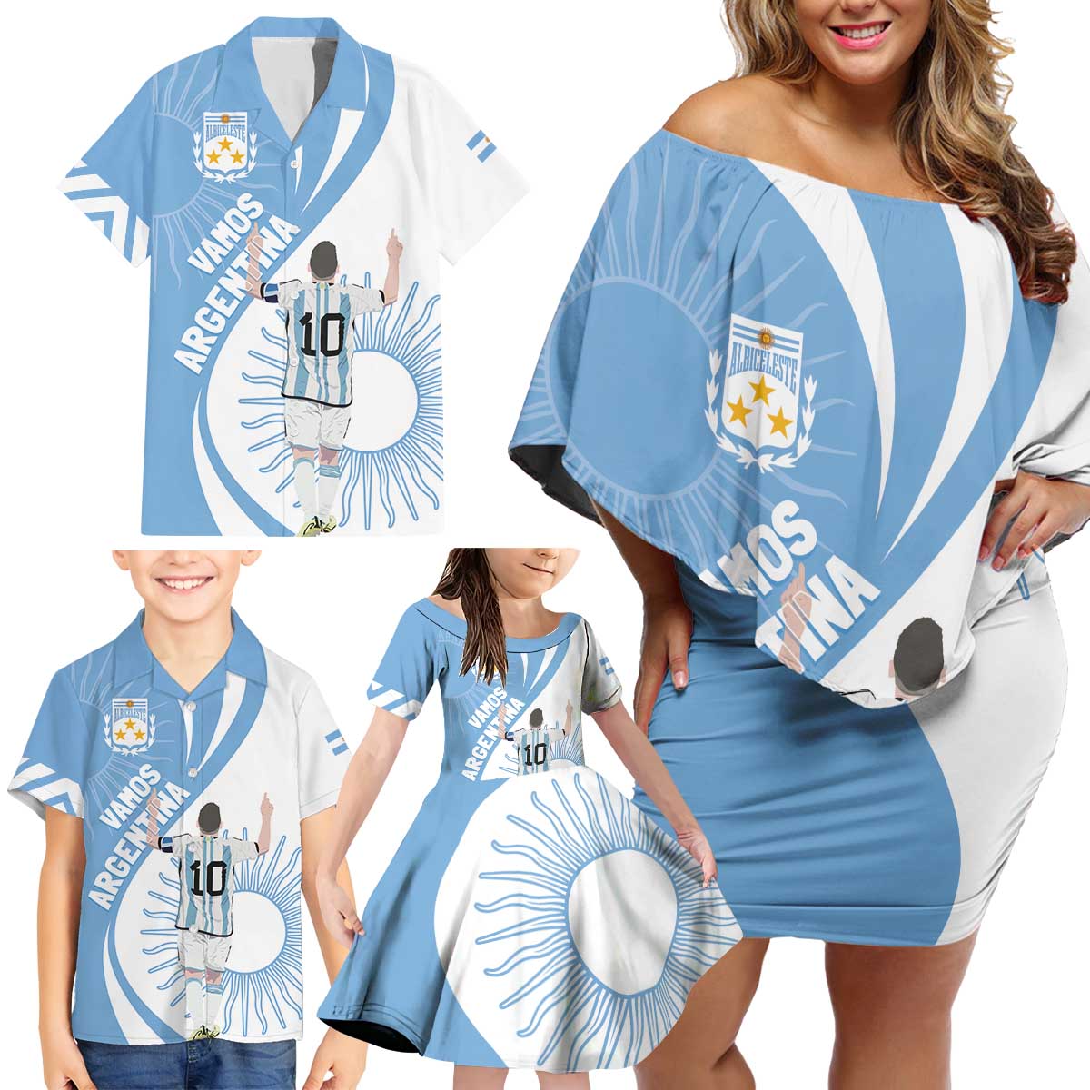 Argentina La Albiceleste Custom Family Matching Off Shoulder Short Dress and Hawaiian Shirt Vamos Argentina LT7 - Wonder Print Shop