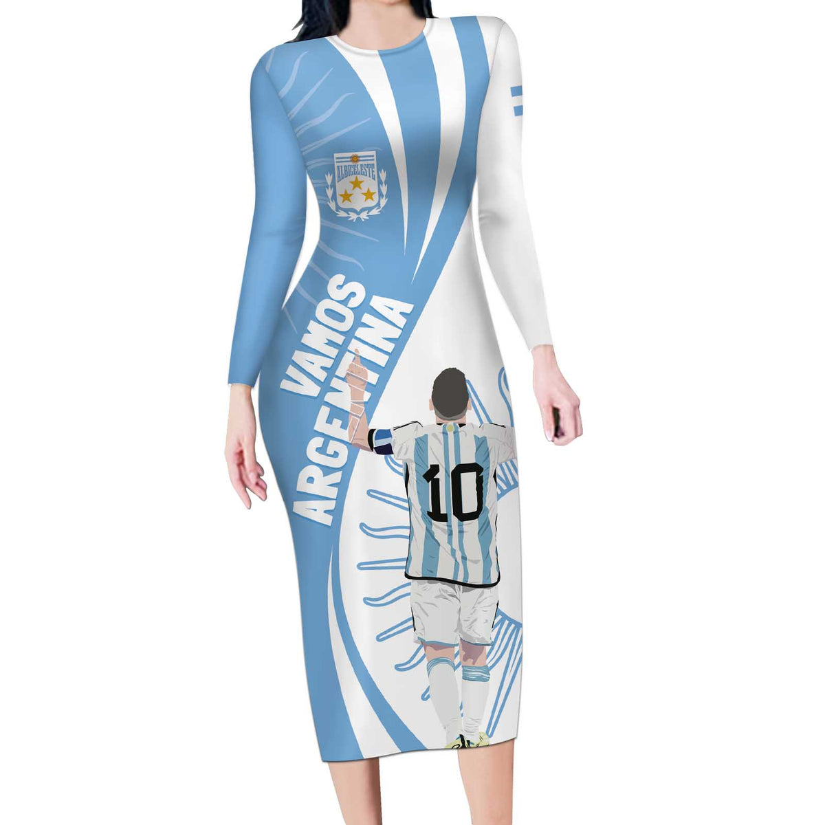 Argentina La Albiceleste Custom Long Sleeve Bodycon Dress Vamos Argentina - Wonder Print Shop