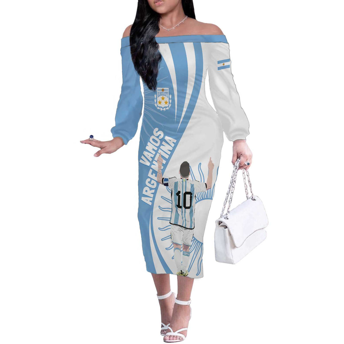 Argentina La Albiceleste Custom Off The Shoulder Long Sleeve Dress Vamos Argentina - Wonder Print Shop