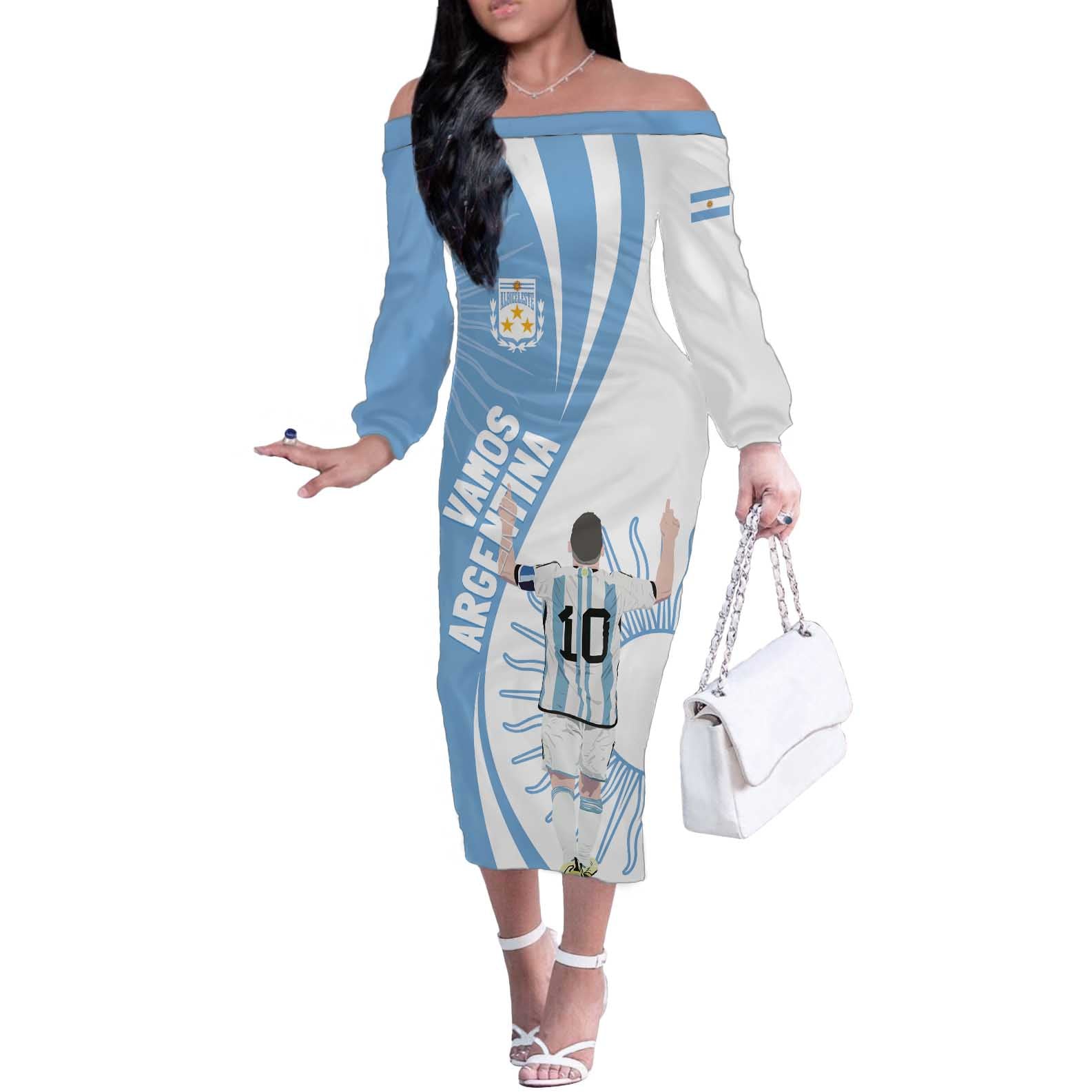 Argentina La Albiceleste Custom Off The Shoulder Long Sleeve Dress Vamos Argentina - Wonder Print Shop