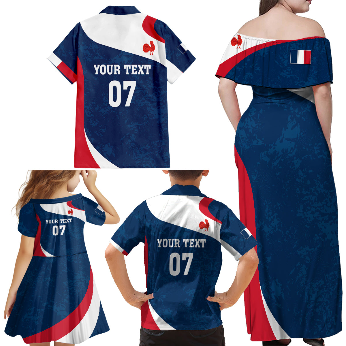 Personalised France Rugby Family Matching Off Shoulder Long Sleeve Dress and Hawaiian Shirt World Cup Les Blues Curves Style - Wonder Print Shop