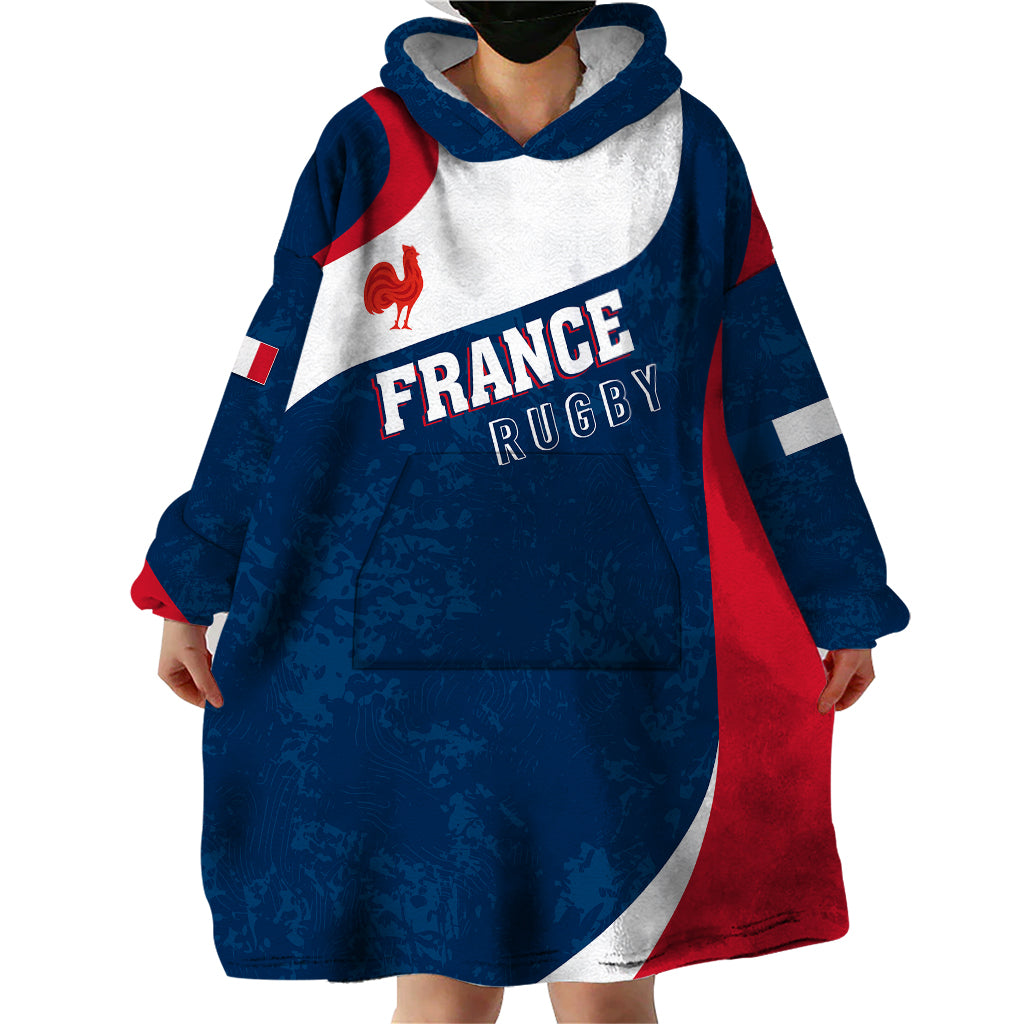 Personalised France Rugby Wearable Blanket Hoodie World Cup Les Blues Curves Style - Wonder Print Shop