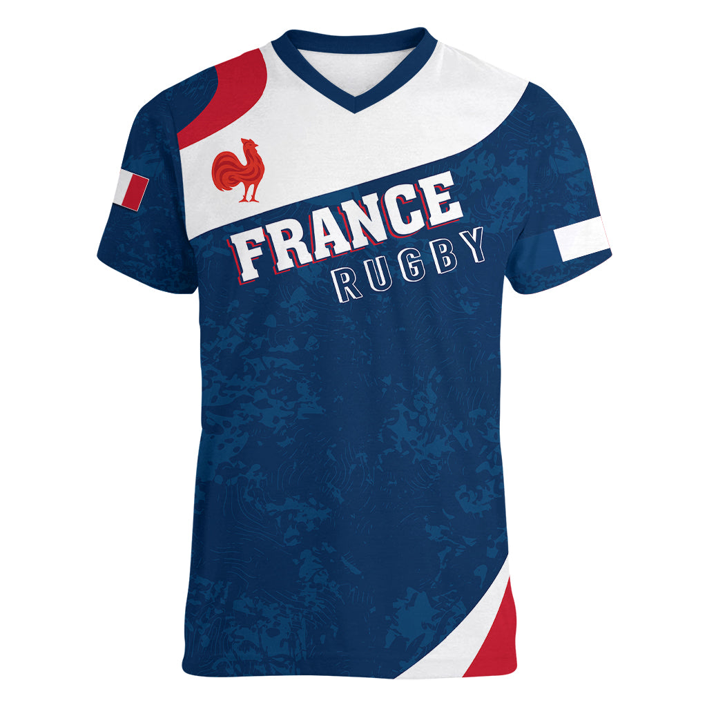 personalised-france-rugby-women-v-neck-t-shirt-world-cup-les-blues-curves-style