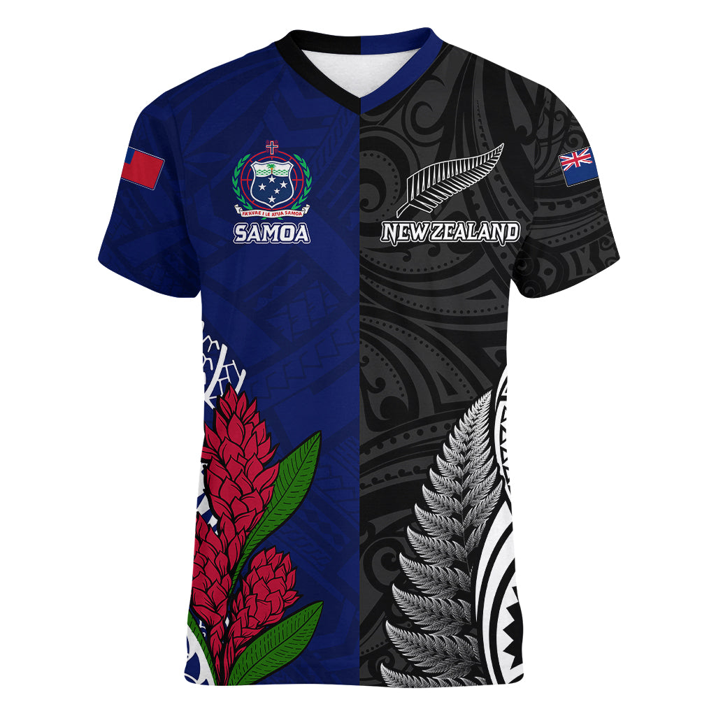 Personalised New Zealand Vs Samoa Rugby Women V Neck T Shirt Go Champions - Wonder Print Shop