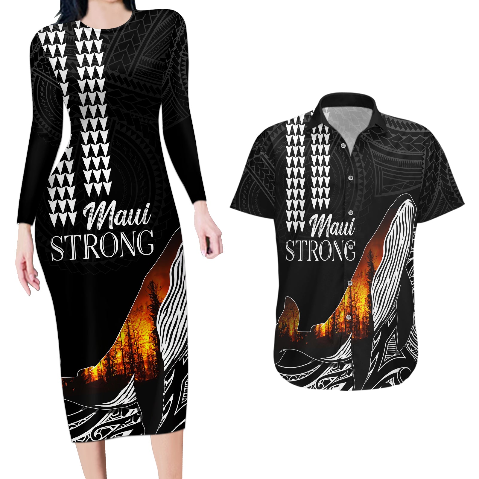 Hawaii Humpback Whale Couples Matching Long Sleeve Bodycon Dress and Hawaiian Shirt Be Strong - Pray For Maui LT7 - Wonder Print Shop