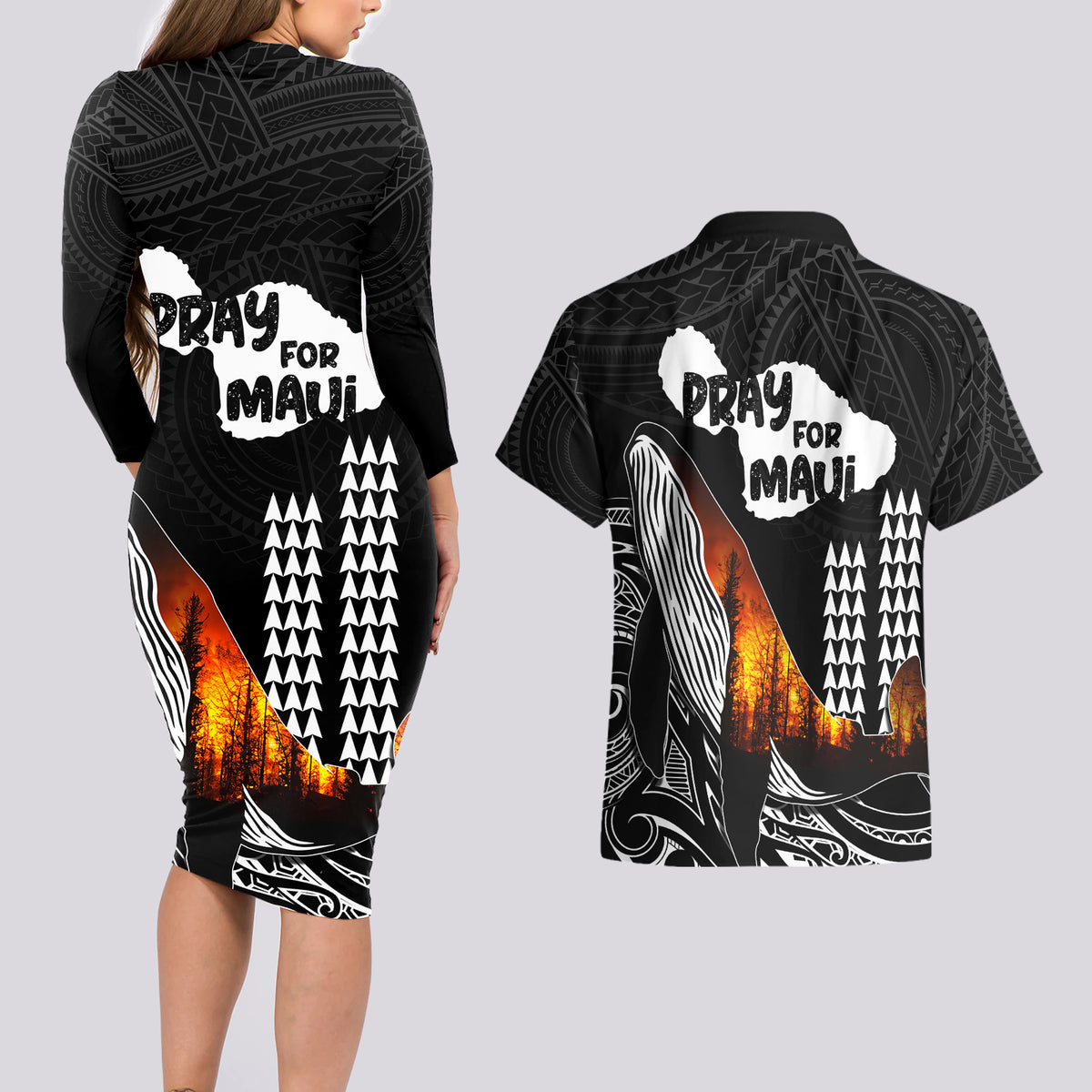 Hawaii Humpback Whale Couples Matching Long Sleeve Bodycon Dress and Hawaiian Shirt Be Strong - Pray For Maui LT7 - Wonder Print Shop