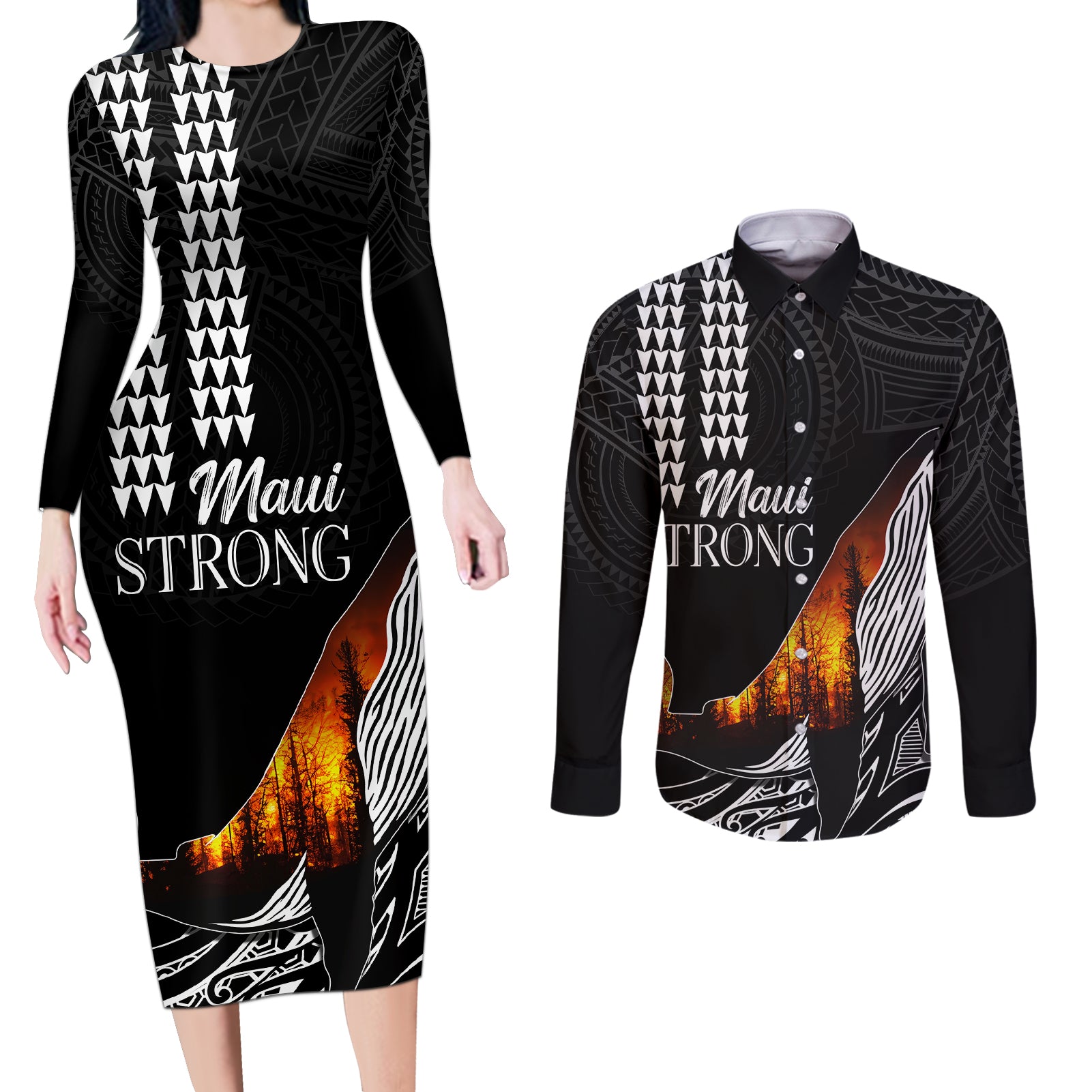 Hawaii Humpback Whale Couples Matching Long Sleeve Bodycon Dress and Long Sleeve Button Shirts Be Strong - Pray For Maui LT7 - Wonder Print Shop