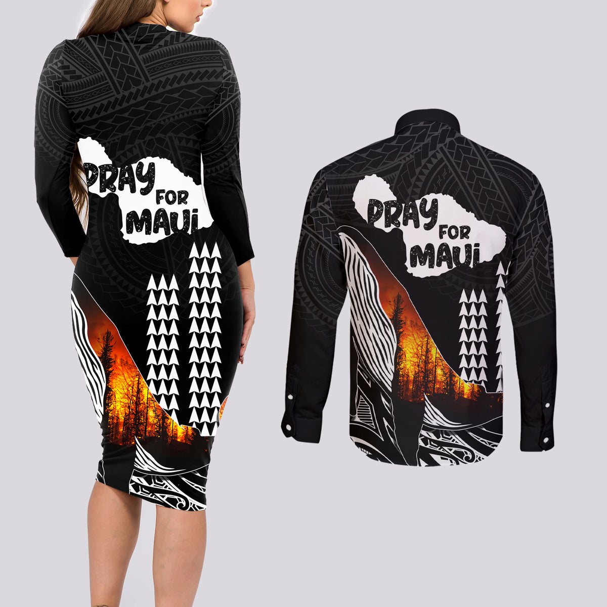 Hawaii Humpback Whale Couples Matching Long Sleeve Bodycon Dress and Long Sleeve Button Shirts Be Strong - Pray For Maui LT7 - Wonder Print Shop
