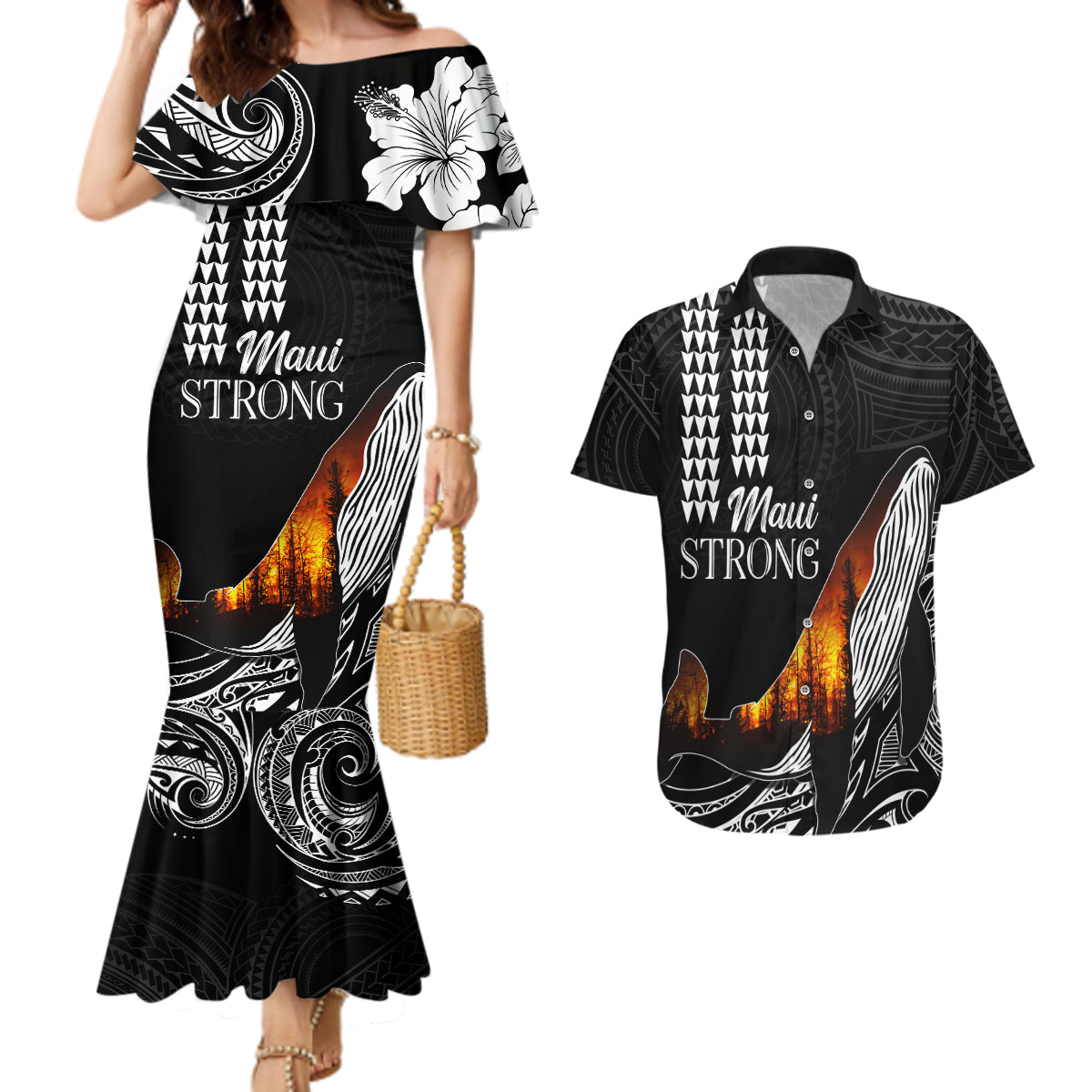 Hawaii Humpback Whale Couples Matching Mermaid Dress and Hawaiian Shirt Be Strong - Pray For Maui LT7 - Wonder Print Shop