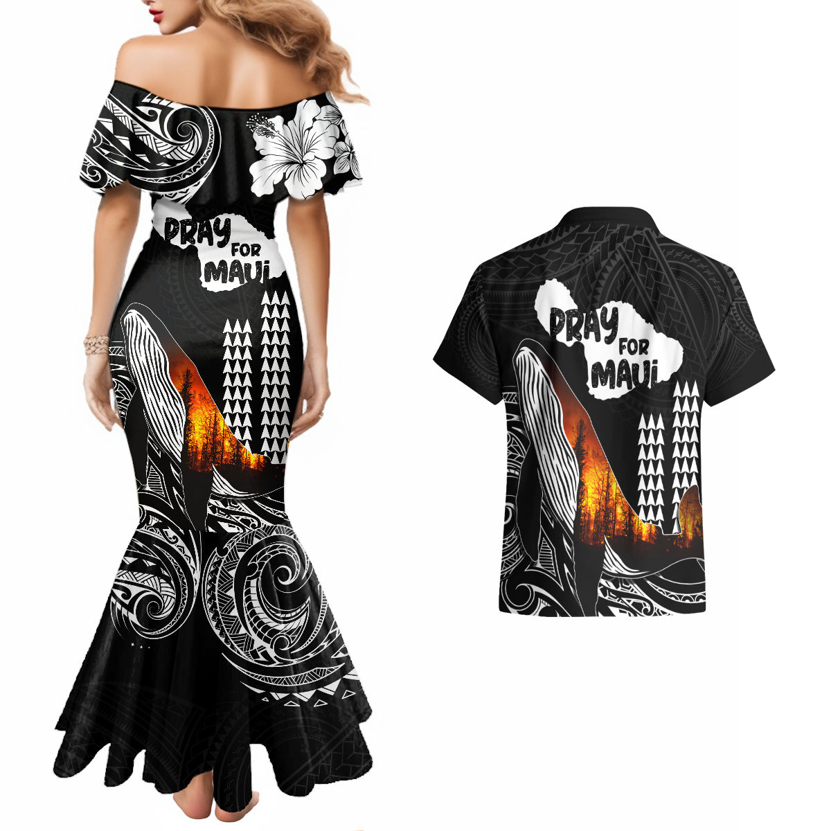 Hawaii Humpback Whale Couples Matching Mermaid Dress and Hawaiian Shirt Be Strong - Pray For Maui LT7 - Wonder Print Shop