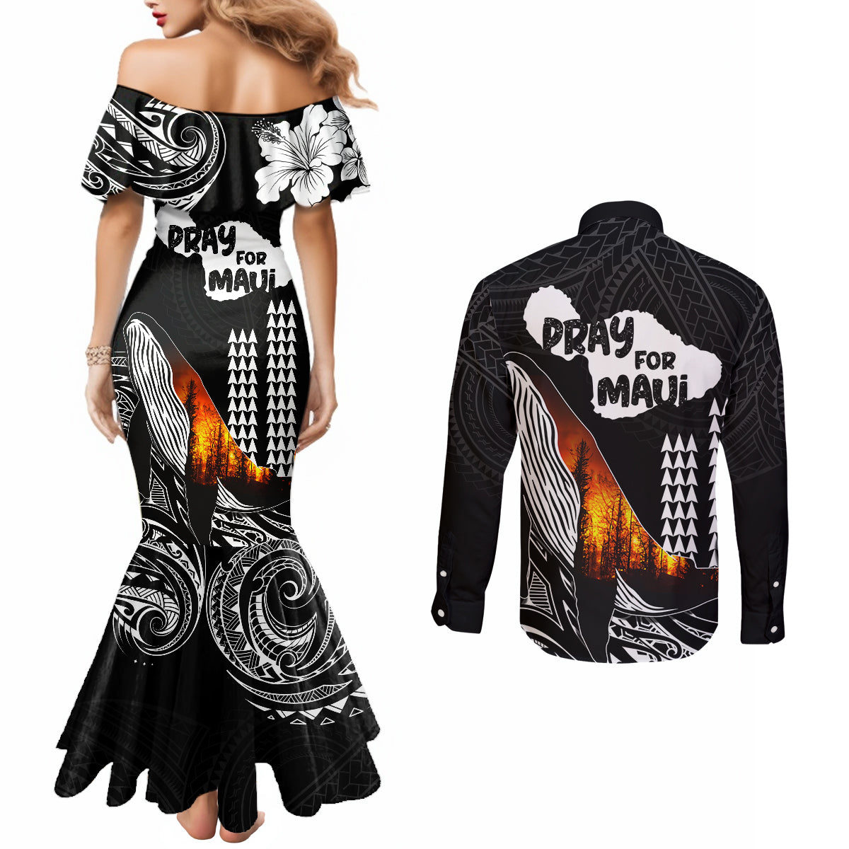 hawaii-humpback-whale-couples-matching-mermaid-dress-and-long-sleeve-button-shirts-be-strong-pray-for-maui