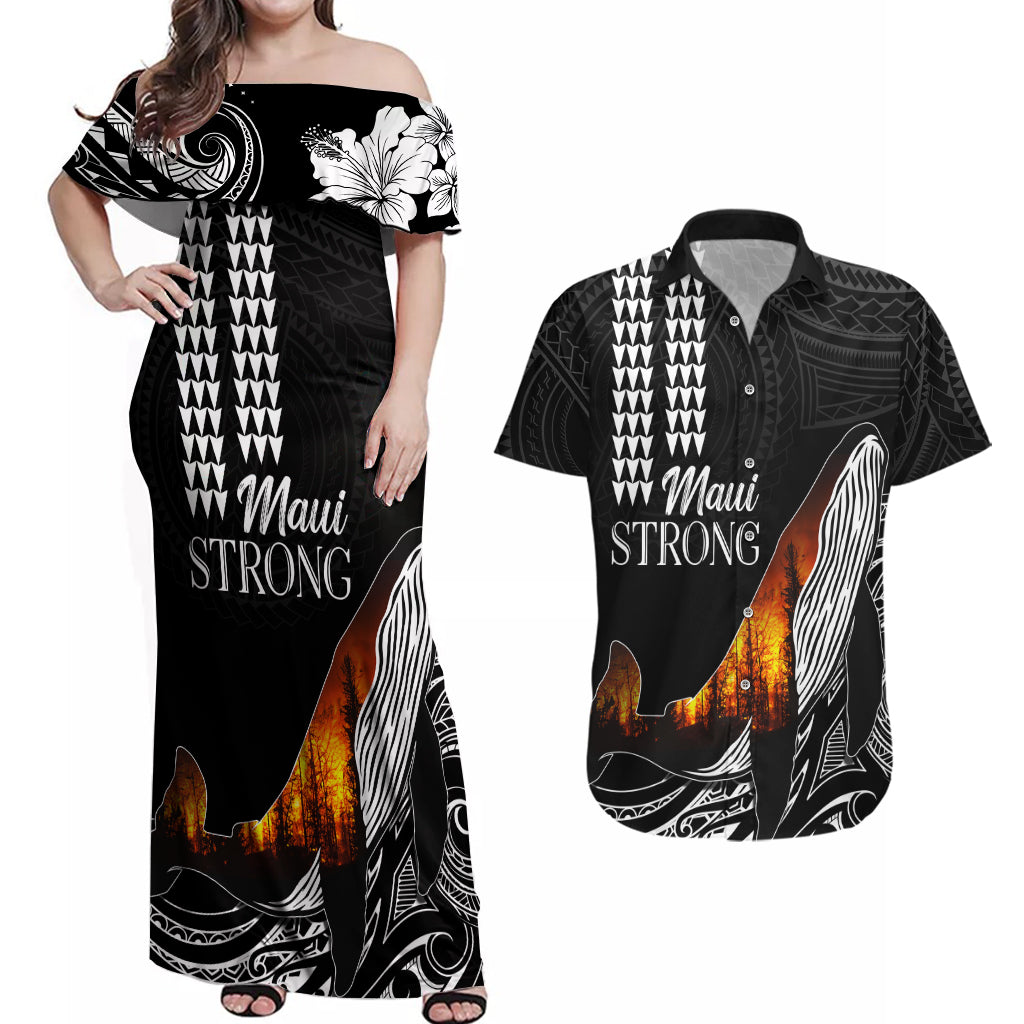 Hawaii Humpback Whale Couples Matching Off Shoulder Maxi Dress and Hawaiian Shirt Be Strong - Pray For Maui LT7 - Wonder Print Shop