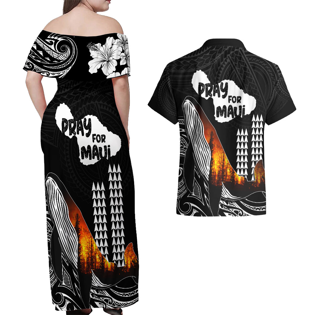 Hawaii Humpback Whale Couples Matching Off Shoulder Maxi Dress and Hawaiian Shirt Be Strong - Pray For Maui LT7 - Wonder Print Shop