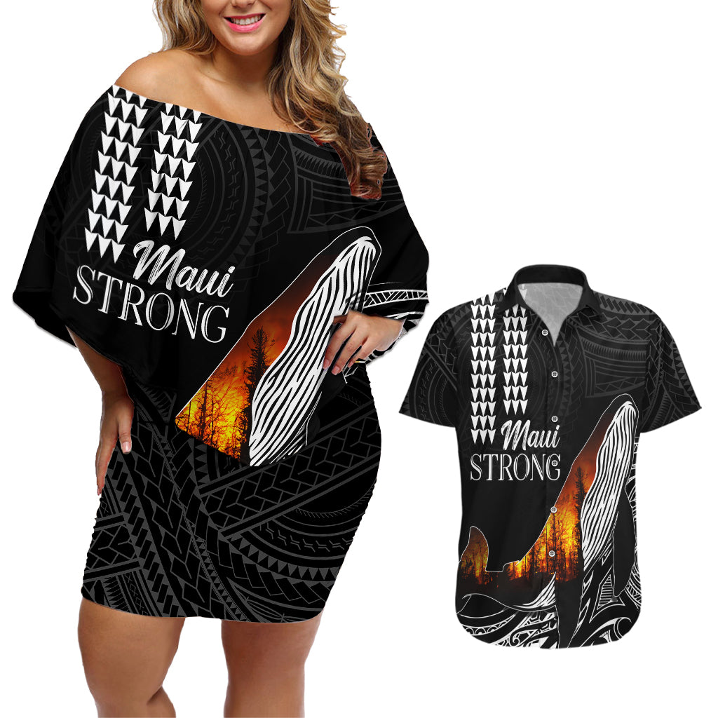 Hawaii Humpback Whale Couples Matching Off Shoulder Short Dress and Hawaiian Shirt Be Strong - Pray For Maui LT7 - Wonder Print Shop