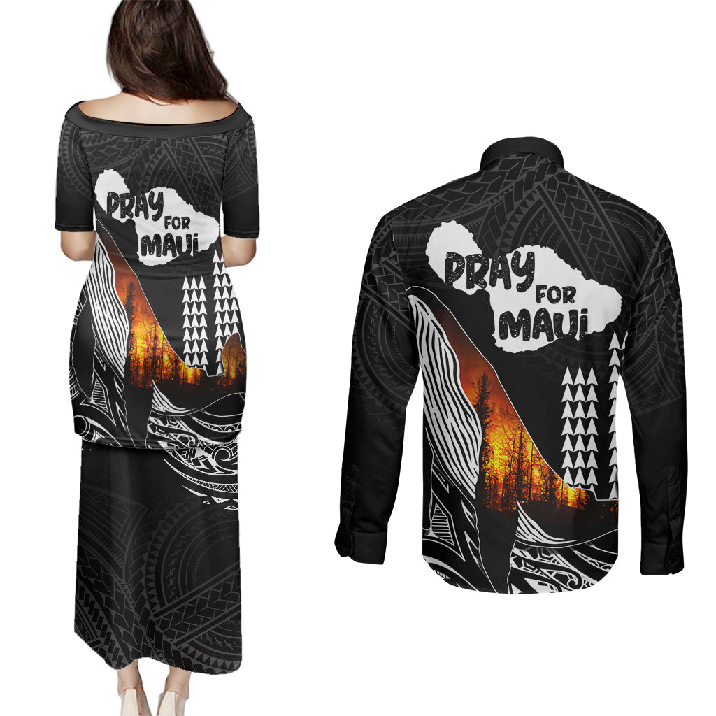Hawaii Humpback Whale Couples Matching Puletasi Dress and Long Sleeve Button Shirts Be Strong - Pray For Maui LT7 - Wonder Print Shop