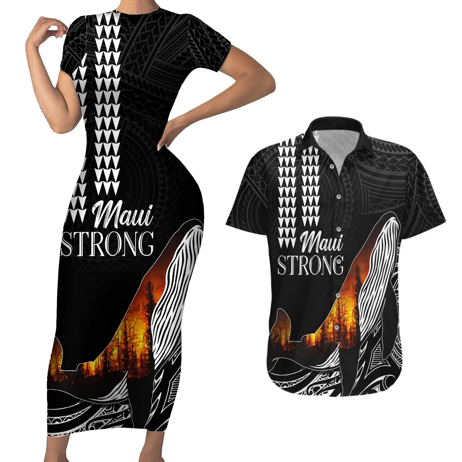 Hawaii Humpback Whale Couples Matching Short Sleeve Bodycon Dress and Hawaiian Shirt Be Strong - Pray For Maui LT7 - Wonder Print Shop
