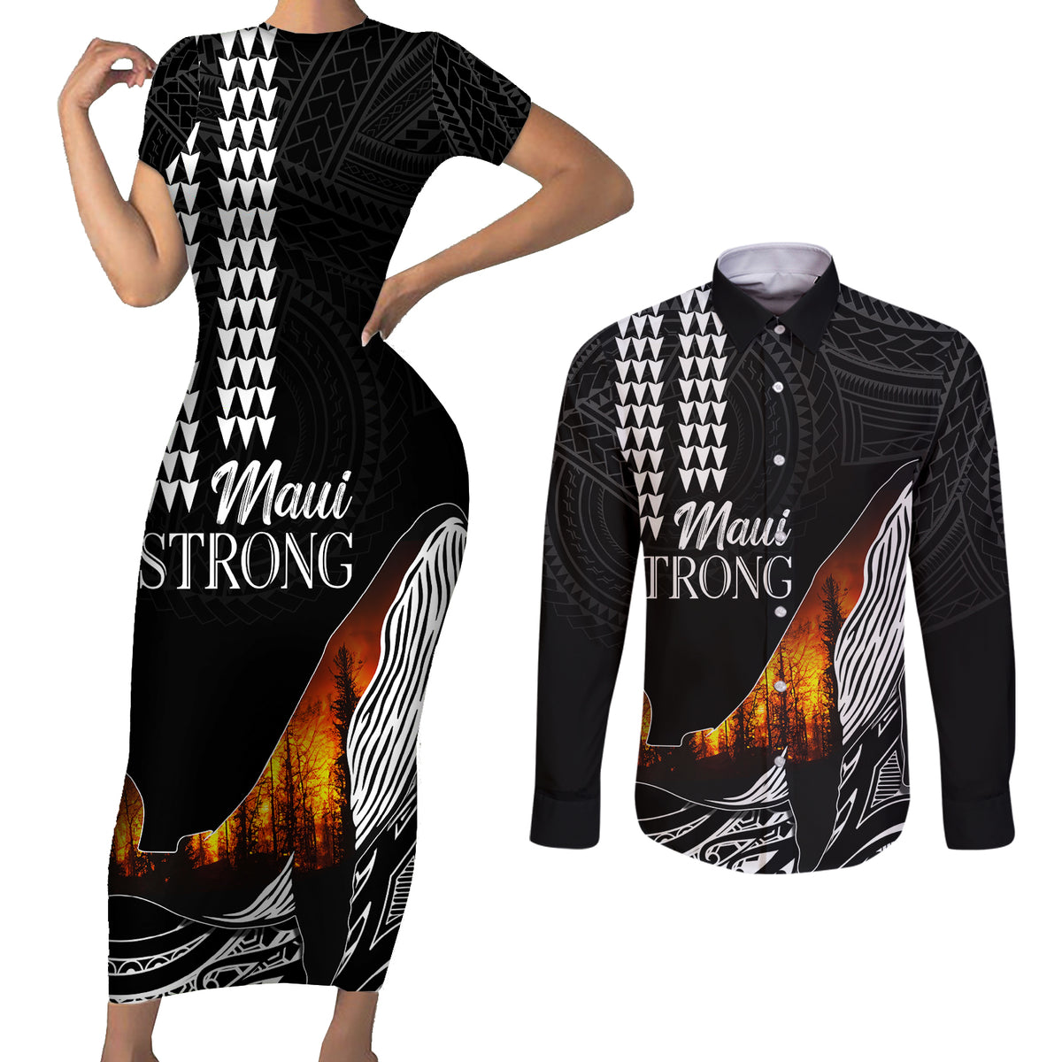 Hawaii Humpback Whale Couples Matching Short Sleeve Bodycon Dress and Long Sleeve Button Shirts Be Strong - Pray For Maui LT7 - Wonder Print Shop