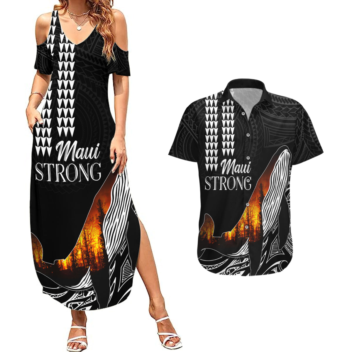 Hawaii Humpback Whale Couples Matching Summer Maxi Dress and Hawaiian Shirt Be Strong - Pray For Maui LT7 - Wonder Print Shop