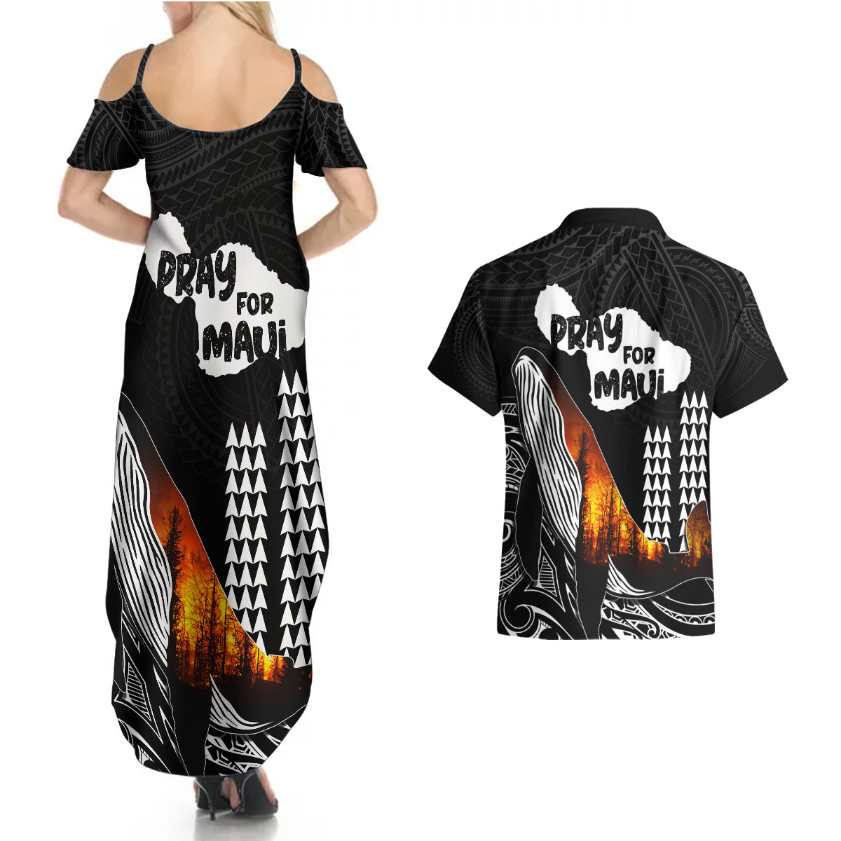 Hawaii Humpback Whale Couples Matching Summer Maxi Dress and Hawaiian Shirt Be Strong - Pray For Maui LT7 - Wonder Print Shop
