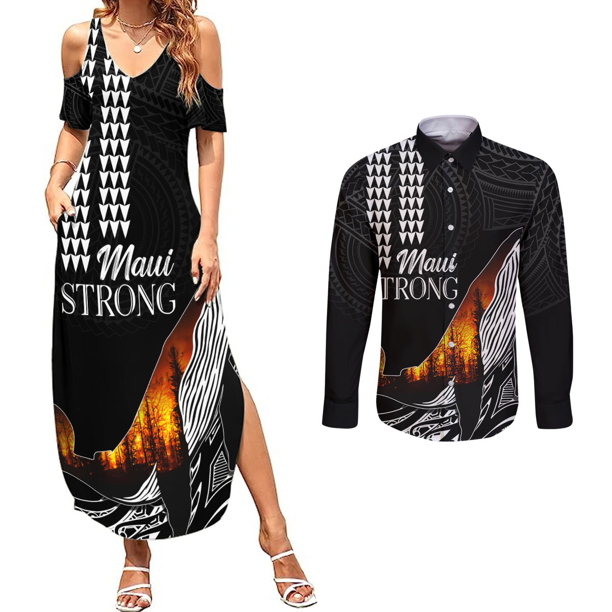 Hawaii Humpback Whale Couples Matching Summer Maxi Dress and Long Sleeve Button Shirts Be Strong - Pray For Maui LT7 - Wonder Print Shop