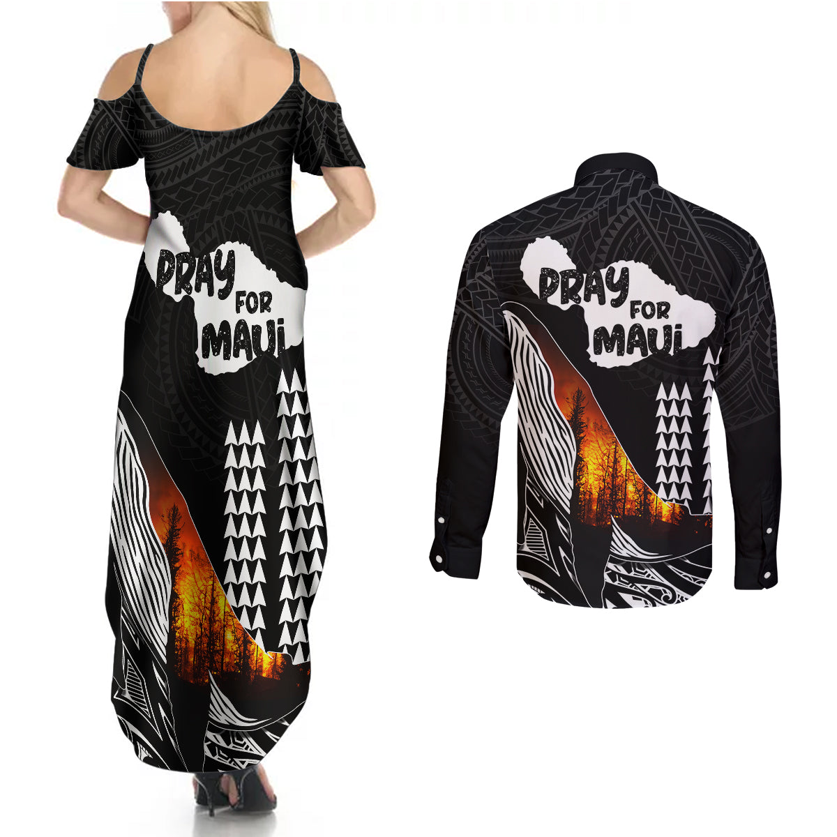 Hawaii Humpback Whale Couples Matching Summer Maxi Dress and Long Sleeve Button Shirts Be Strong - Pray For Maui LT7 - Wonder Print Shop
