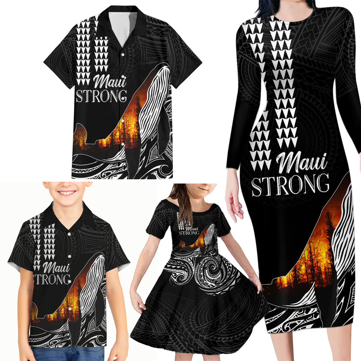 Hawaii Humpback Whale Family Matching Long Sleeve Bodycon Dress and Hawaiian Shirt Be Strong - Pray For Maui LT7 - Wonder Print Shop