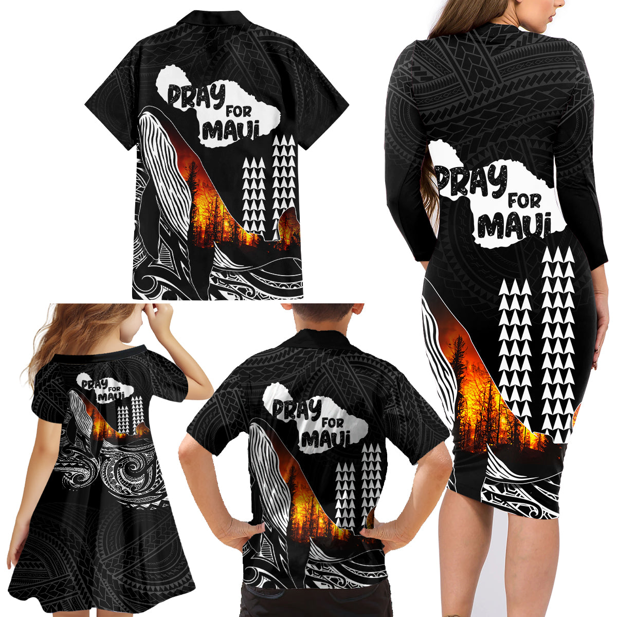 Hawaii Humpback Whale Family Matching Long Sleeve Bodycon Dress and Hawaiian Shirt Be Strong - Pray For Maui LT7 - Wonder Print Shop