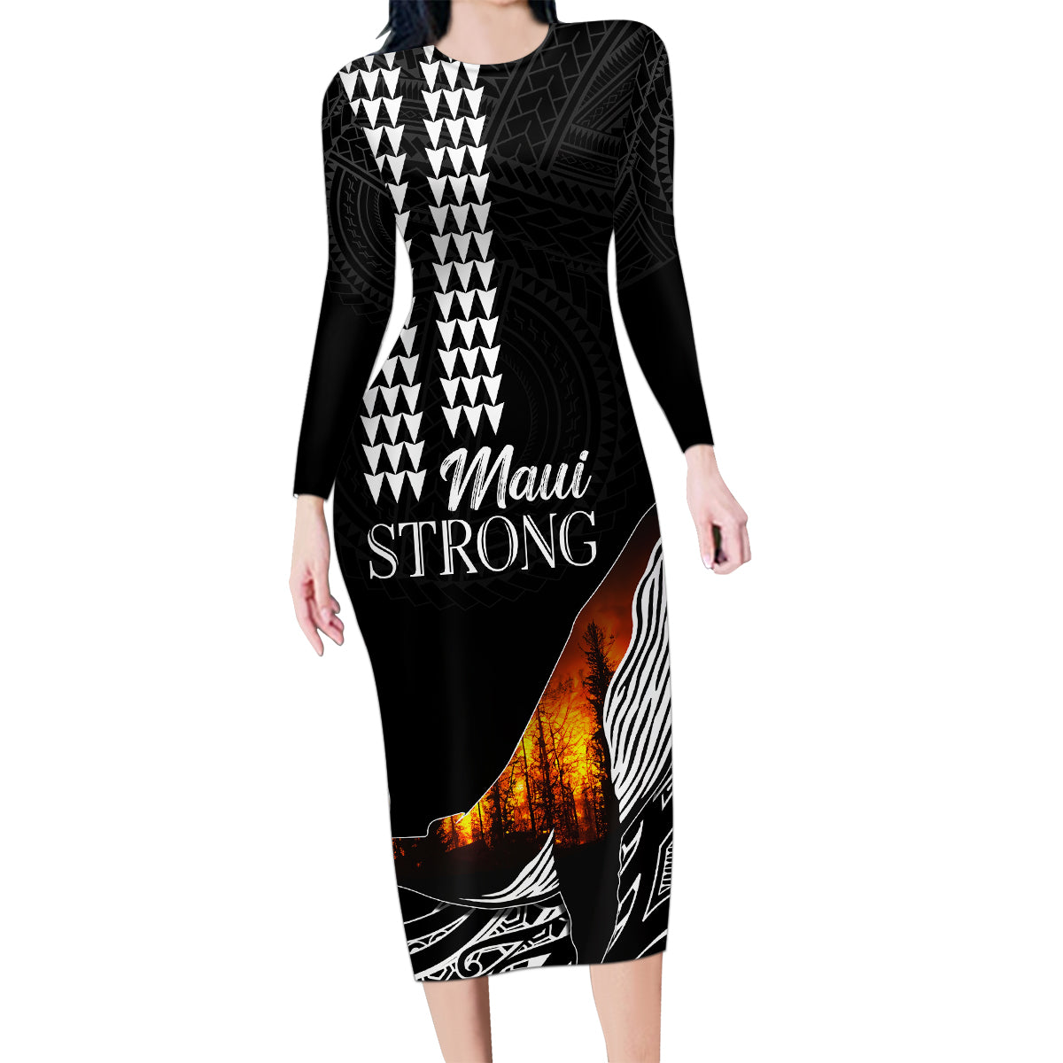 Hawaii Humpback Whale Family Matching Long Sleeve Bodycon Dress and Hawaiian Shirt Be Strong - Pray For Maui LT7 - Wonder Print Shop