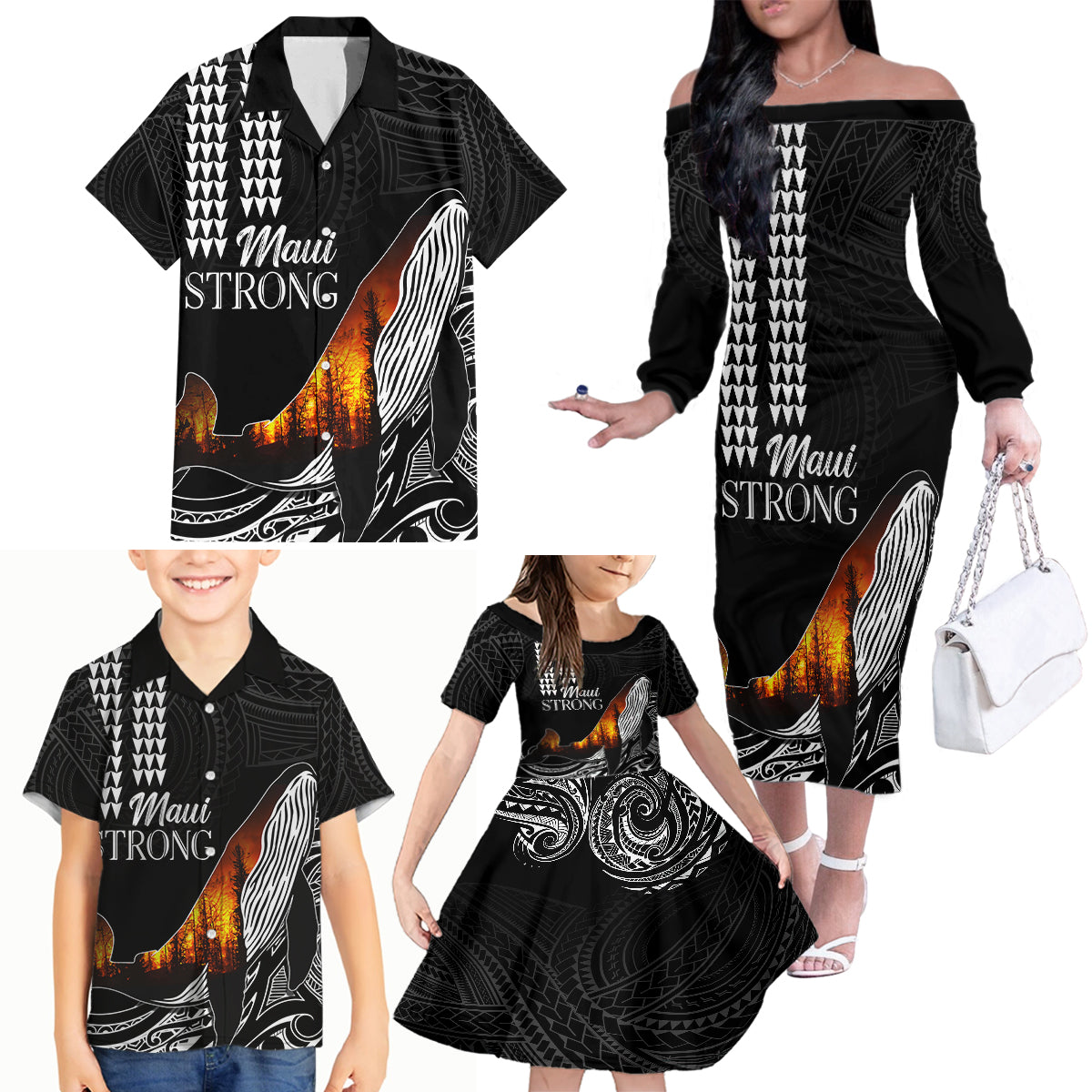 Hawaii Humpback Whale Family Matching Off Shoulder Long Sleeve Dress and Hawaiian Shirt Be Strong - Pray For Maui - Wonder Print Shop