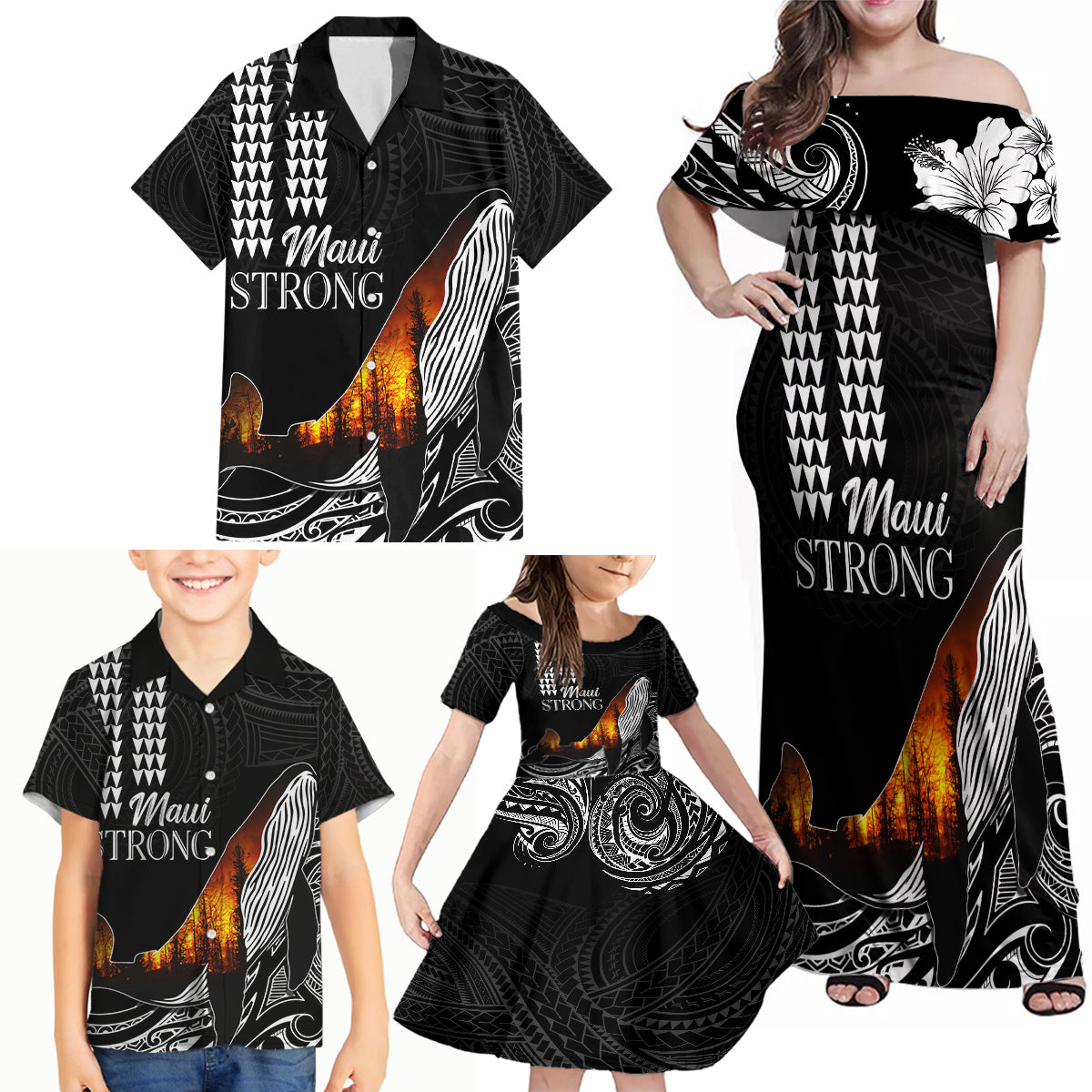 Hawaii Humpback Whale Family Matching Off Shoulder Maxi Dress and Hawaiian Shirt Be Strong - Pray For Maui LT7 - Wonder Print Shop