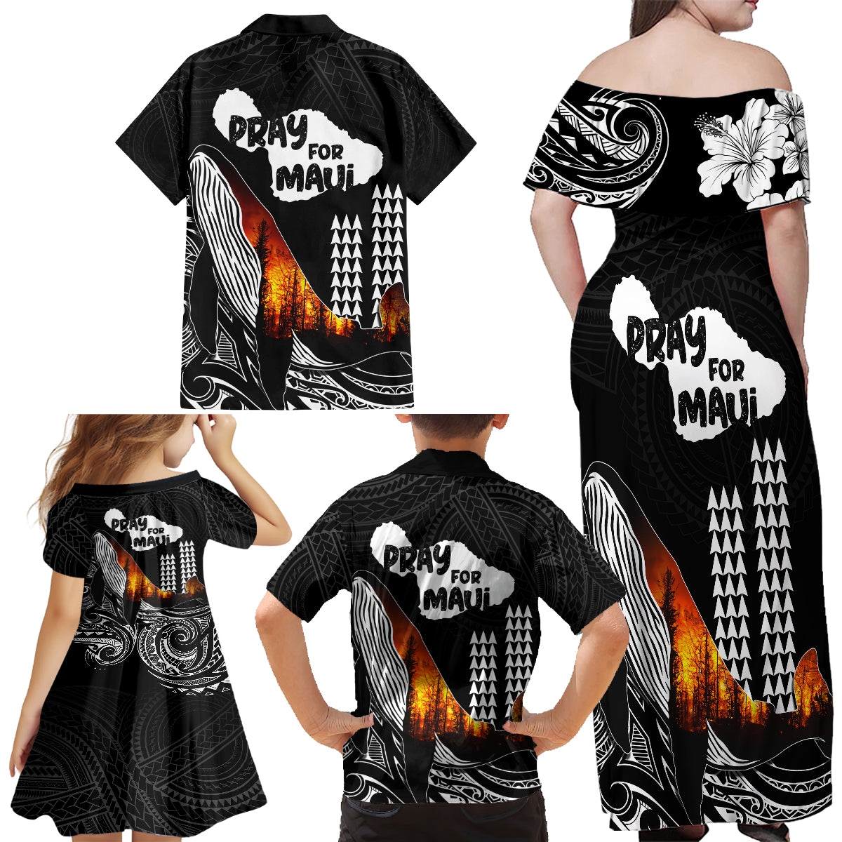 Hawaii Humpback Whale Family Matching Off Shoulder Maxi Dress and Hawaiian Shirt Be Strong - Pray For Maui LT7 - Wonder Print Shop