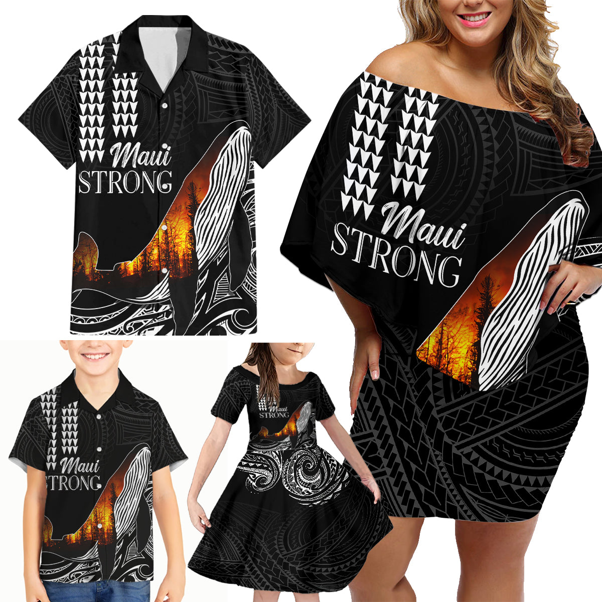 Hawaii Humpback Whale Family Matching Off Shoulder Short Dress and Hawaiian Shirt Be Strong - Pray For Maui LT7 - Wonder Print Shop
