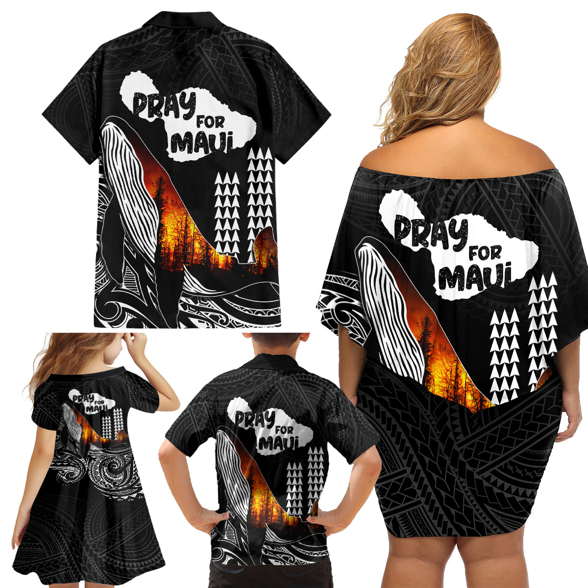 Hawaii Humpback Whale Family Matching Off Shoulder Short Dress and Hawaiian Shirt Be Strong - Pray For Maui LT7 - Wonder Print Shop